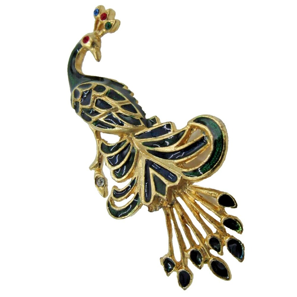 Vintage Peacock Brooch Pin Art Nouveau Gold Toned Multi Rhinestones Retro 2.75"